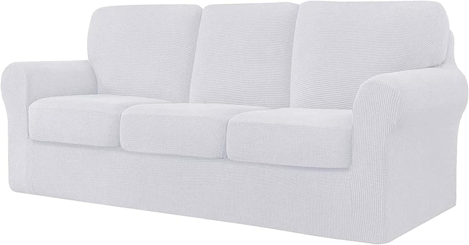 Sofa Cover Sets with Separate Backrests and Seater Cushions, Sofa Slipcover Anti-Slip with Elastic Band, Stretch Jacquard Furniture Protector (Color : White, Size : 3 Seater(185-235cm))