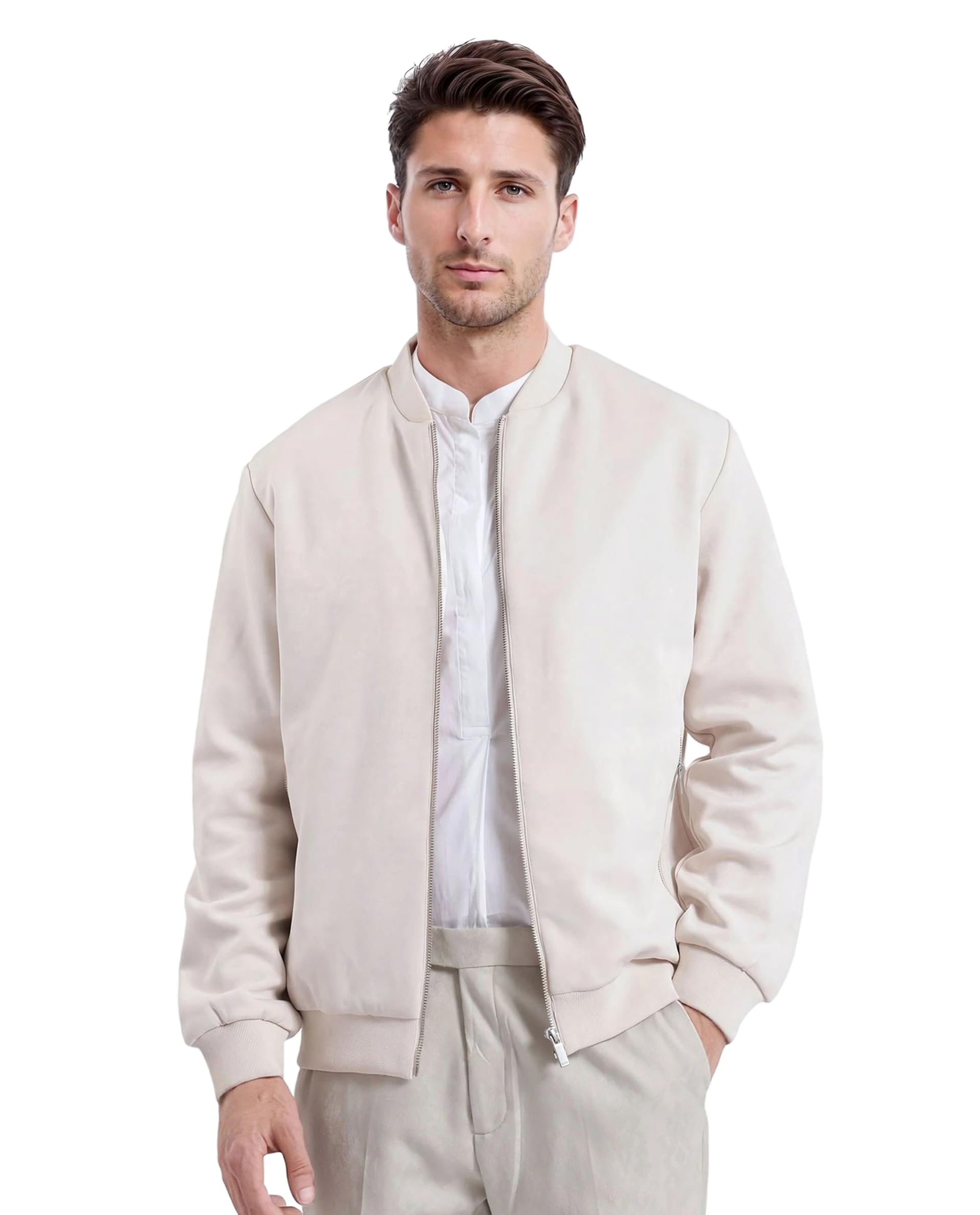 Men Regular Solid Beige Nylon Zipper Bomber Jacket-image-6