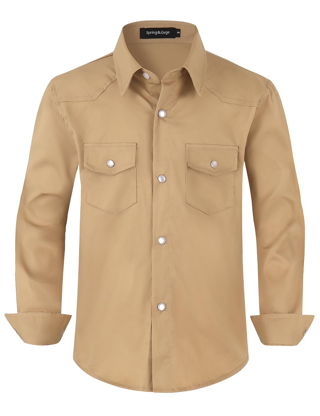 Photo 1 of Spring&Gege Boys' Long Sleeve Casual Western Cowboys Pearl Snap Button Down Shirts with Two Pockets, Khaki, Size 7-8 Years
