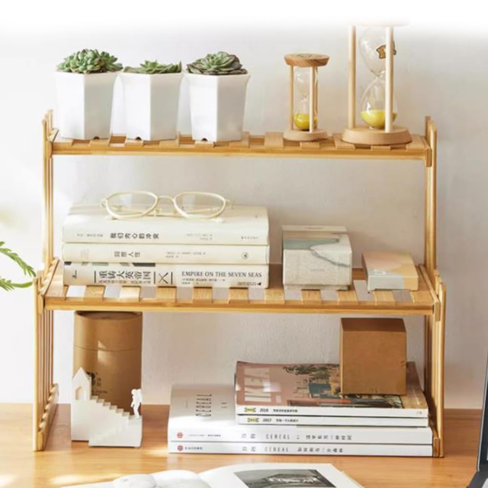 NILZA Organizer Scrivania bambù Scaffale da Scrivania, Desktop Organizer 2 Livelli Libreria da Scrivania, Scaffale per Libri Organizer da Tavolo, Libreria DIY (Size : 35.5cm(14"))