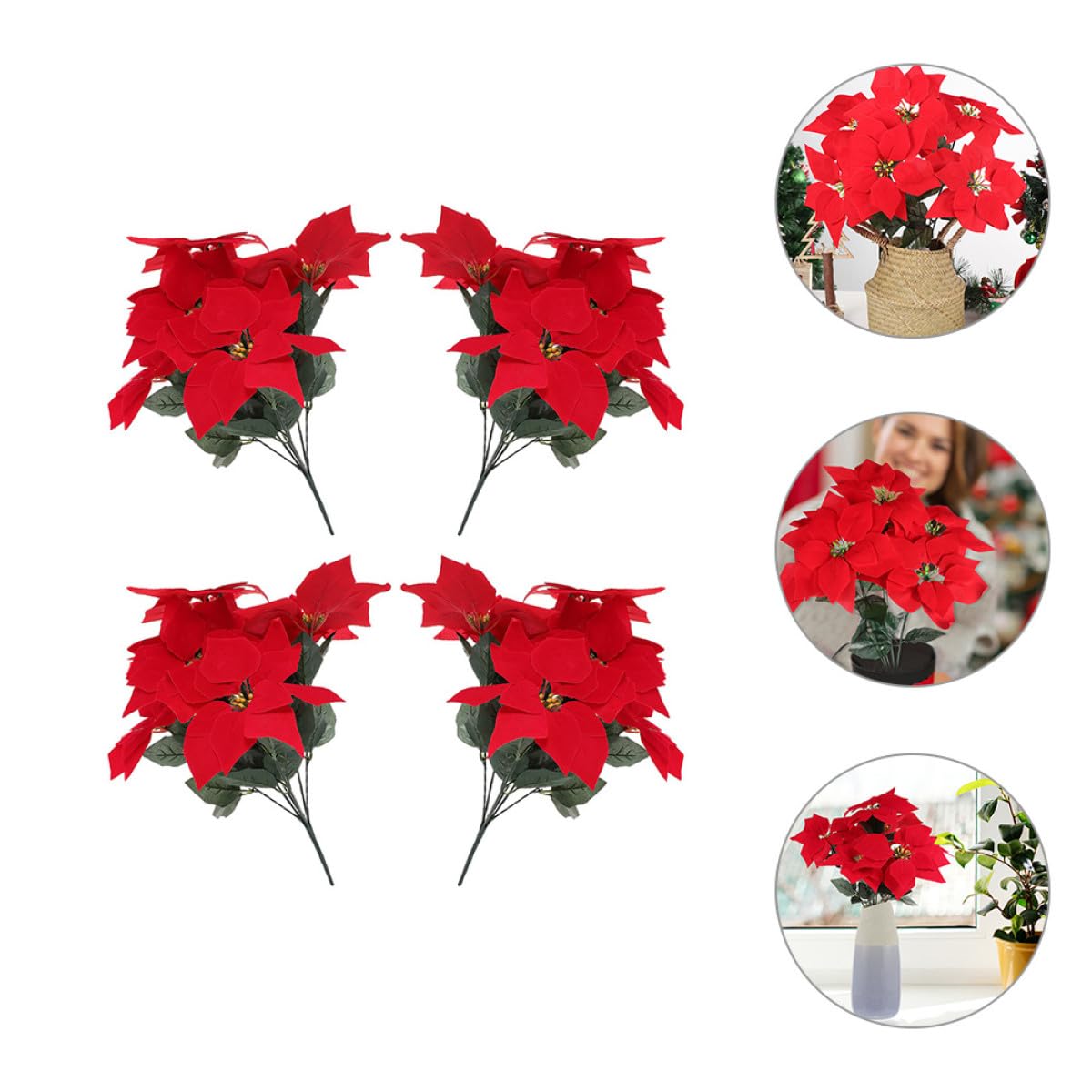 Künstlicher Weihnachtsstern 4 Stück mit 7 Köpfen Realistische Kunststoffpflanze für Weihnachtsdekoration Innen und Außen Langlebiger Poinsettia Strauß für Wohn und Arbeitsräume