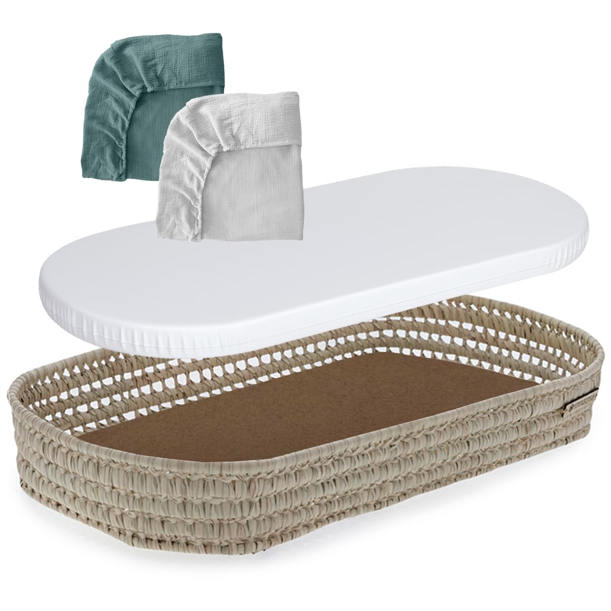 MIMUSELINA | Cesta Cambiador de Bebe de Mimbre | Con Colchon para el Cambiador de Mimbre + Funda de Muselina de Algodón | Hecha a Mano de manera Artesanal con Palma Natural | (Mint/Blanco)