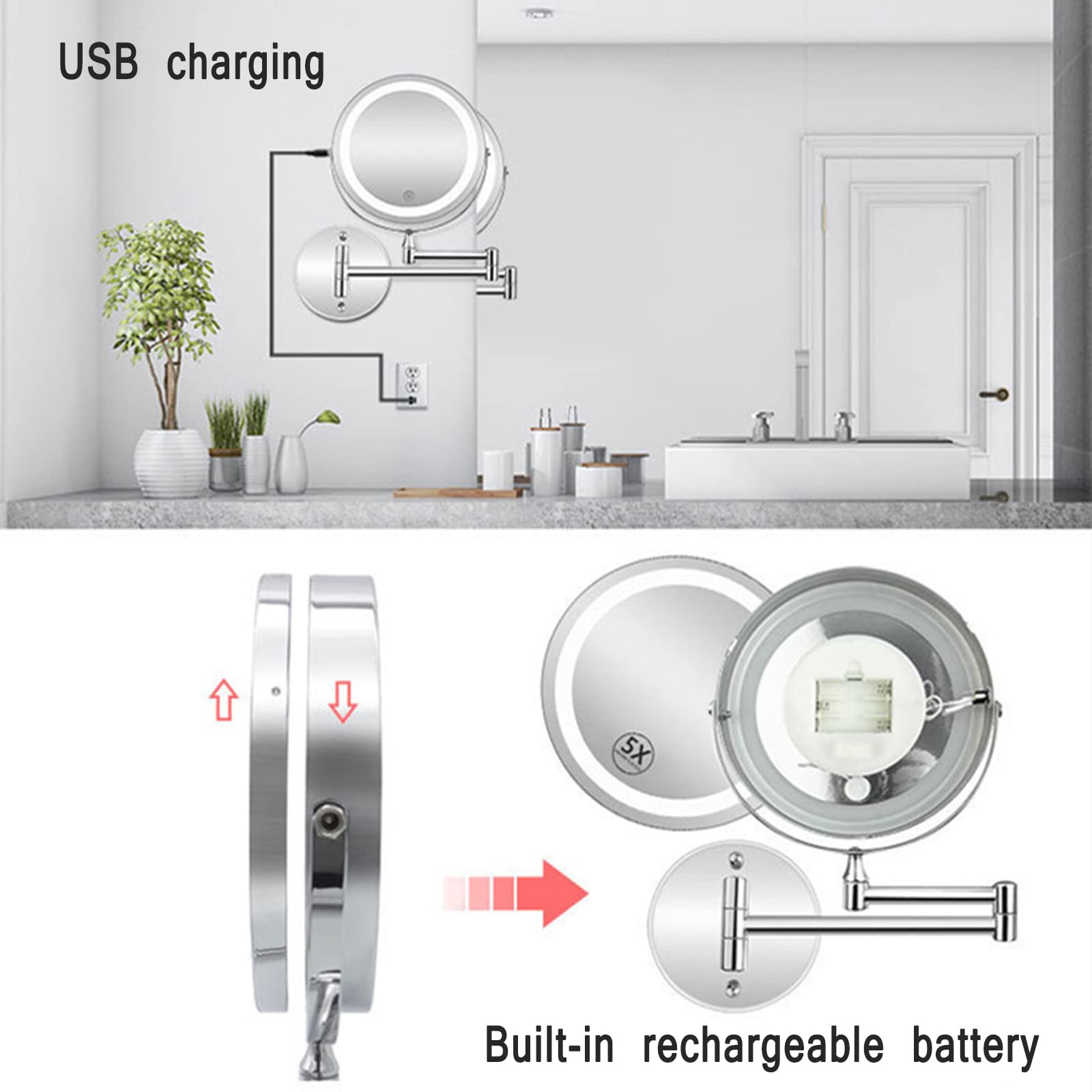 Espejo Maquillaje con Luz, Espejo Aumento con Luz Espejo Cosmetico Brillo Regulable Espejo Baño Extensible Espejo de Afeitar Espejo Ducha con Pantalla Táctil, Carga por USB