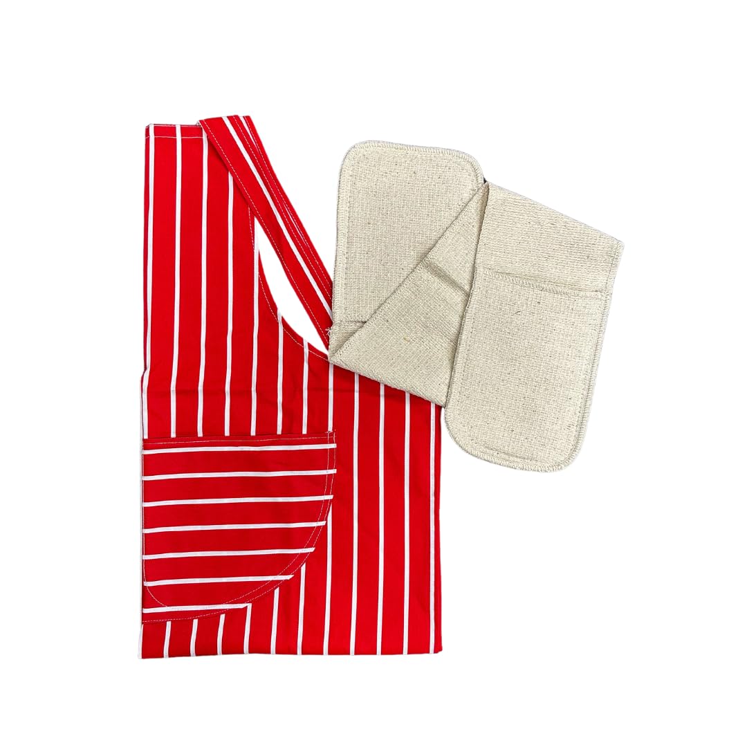 Avern Cleaning Supplies Chefs Cooking Apron & Oven gloves 100% Cotton for women men Cotton Baking School college Restaurants kitchen cooks Bistro Professional Red Stripped (Red Apron + Oven Gloves)