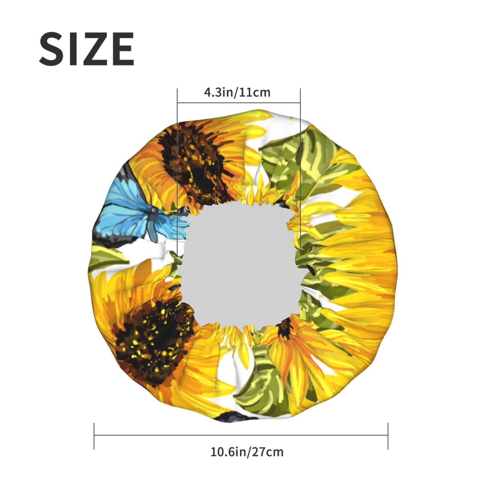 Sunflowers Blue Butterflies Shower Cap for Women,Double Waterproof Layers Bathing Shower Hat Large Designed for all Hair