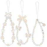 Ecally 3 Pcs Phone Charms Strap Camera Charm Strap Pearl Beaded Butterfly Bow Flower Phone Wrist Lanyard Bracelet for Camera Keychain Wallet Pendant Decor