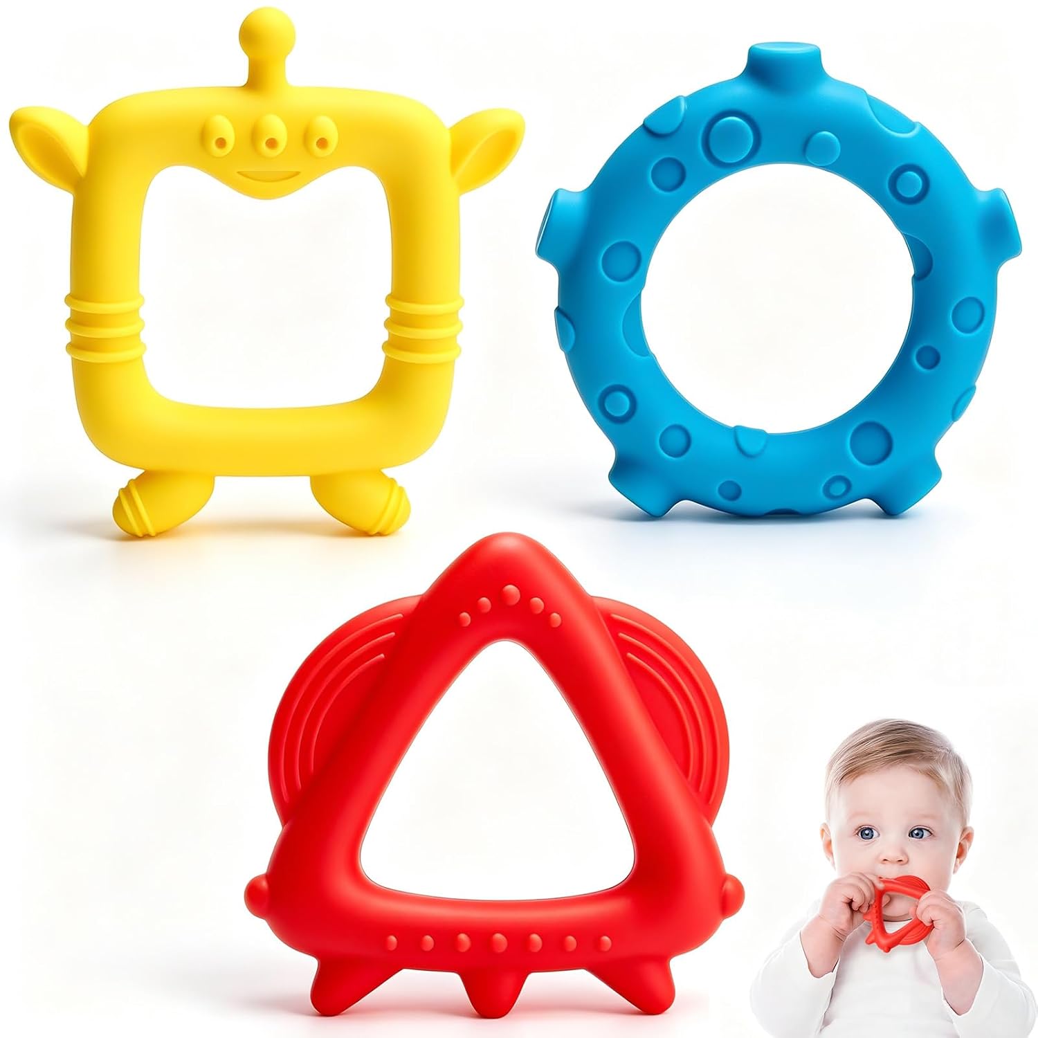 3 Pack Baby Ring Teething Toys 3-6 6-12 Months, BPA-Free Silicone