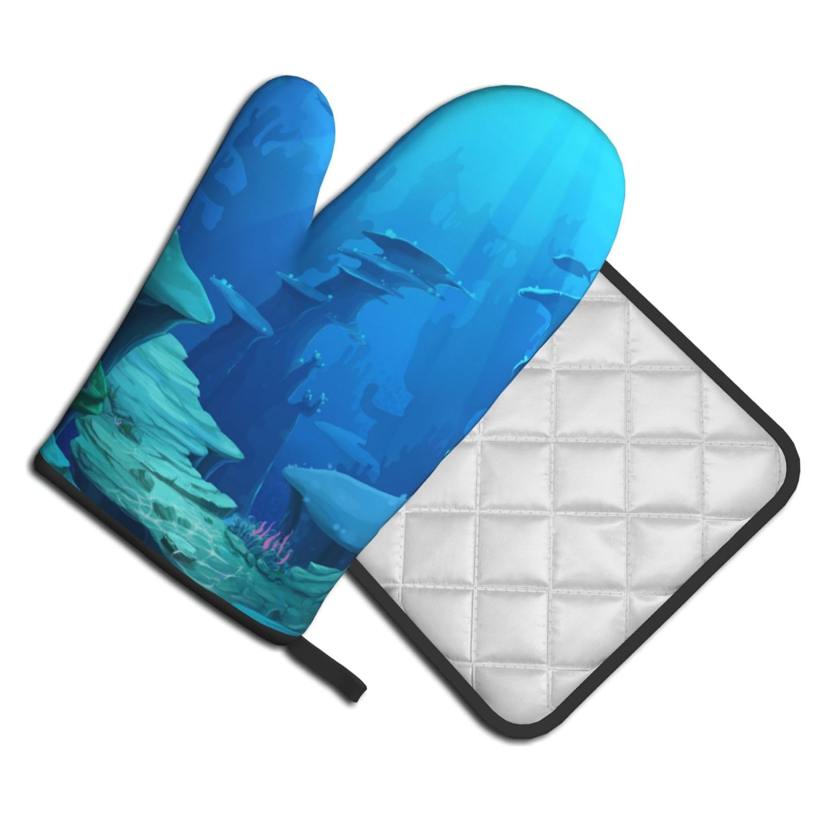 Oven Mitts and Pot Holders Set of 2 Pcs, underwater world Printed Heat Resistant Kitchen Gloves Potholders for Cooking Baking Grilling