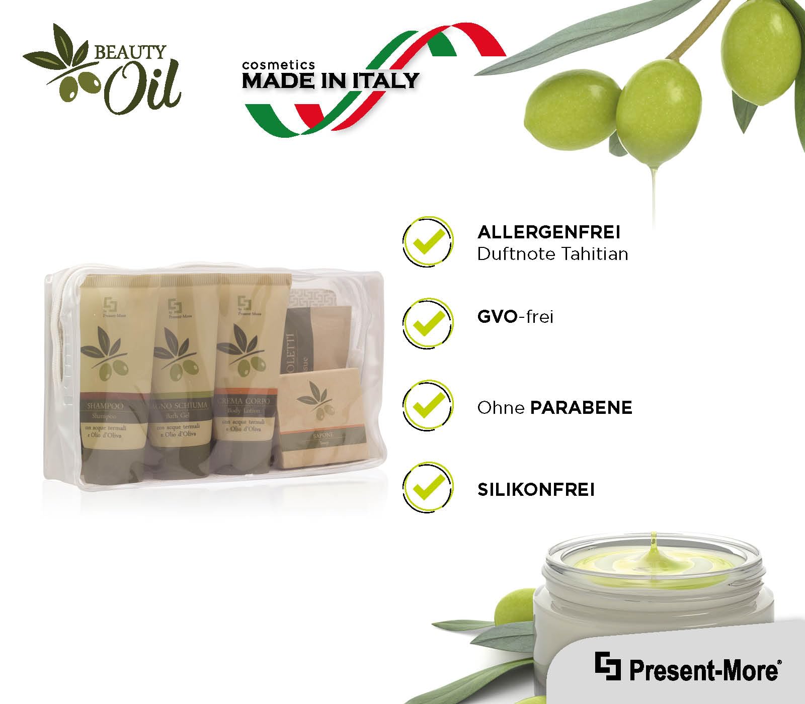Present-More Amenities Kit Beauty Oil - Welcome Gift Toilettenartikel 24 Gäste für Hotels und B&B | Allergenfreie Amenities Kit mit Duftnote Tahitian | Tahitian Parfum – Shampoo, Duschgel, Creme, Seife und Zubehör – Made in Italy – für Hotels und B & B