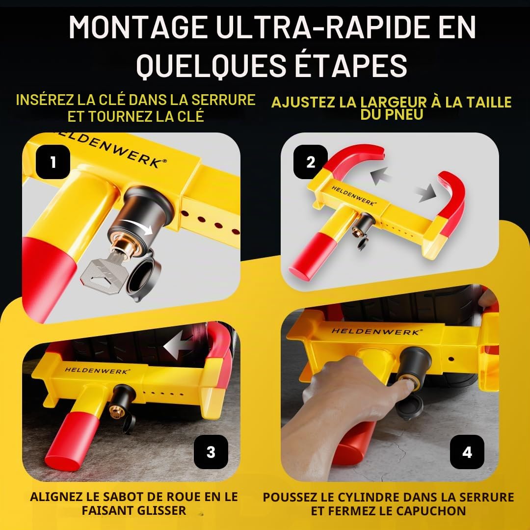 HELDENWERK Sabot de roue avec serrure de haute sécurité et 3 clés – Pour remorque, camping-car, caravane, voiture – Sabot de roue de voiture, griffe de roue pour pneus de 18 à 30 cm de largeur (jaune
