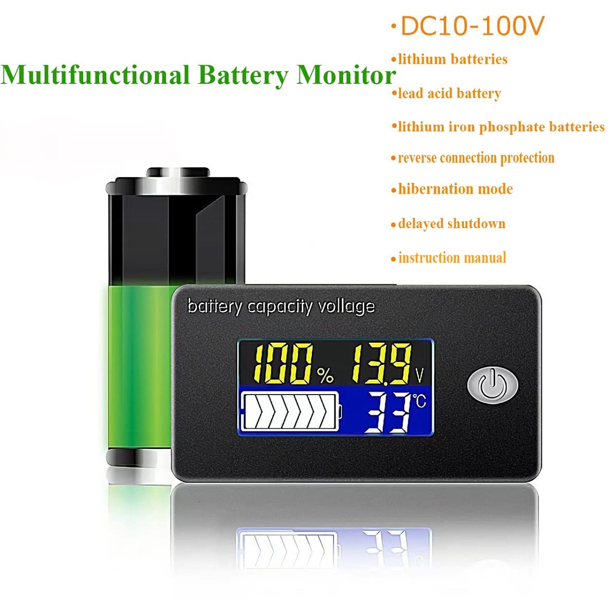 Battery Tester with Voltage & Temperature Display - Meter for Lead Acid & Lithium Batteries (12V Alarm)