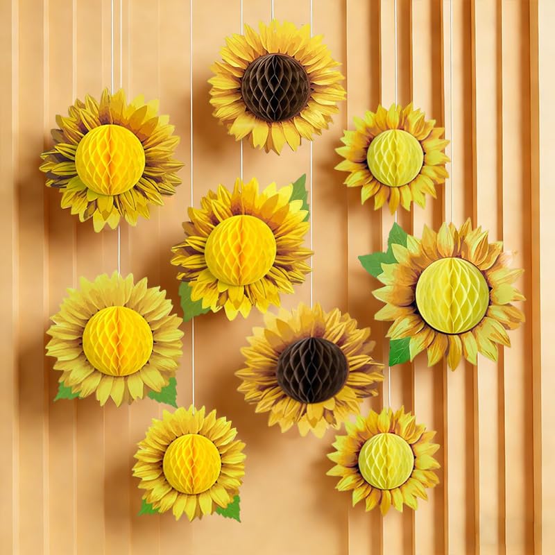 9 Piezas Flores de Papel Decoracion Girasol Flores Papel Colgantes Pompones Farolillos para Cumpleaños, Graduaciones, Baby Showers, Bodas