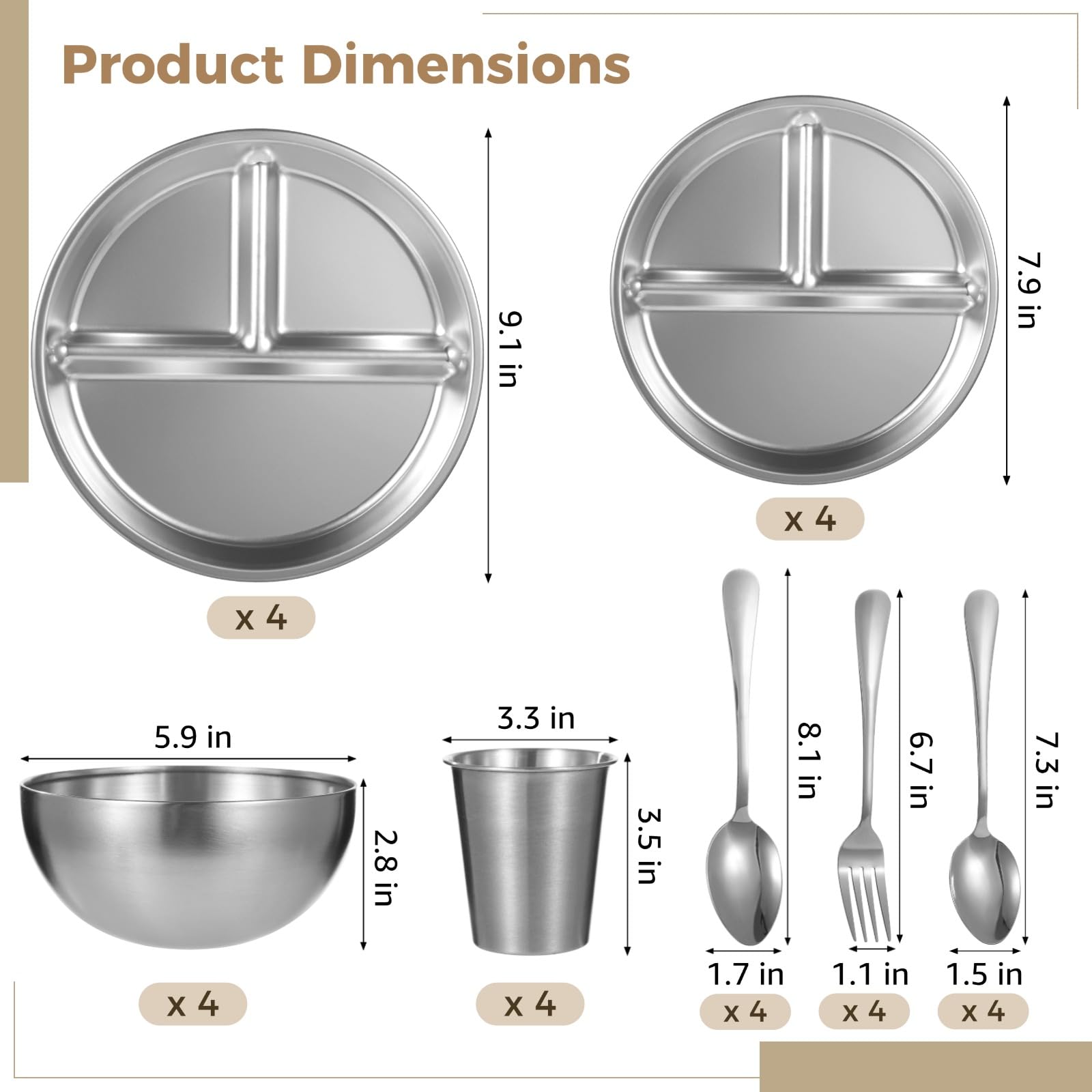 Lot de 28 pièces : kit repas de camping extérieur en acier inoxydable, assiettes, bols, gobelets, fourchettes et cuillères, vaisselle polie pour randonnée, backpacking, pique-nique