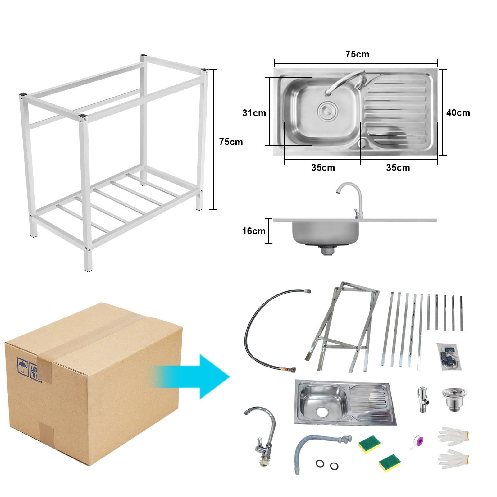 Fregadero Industrial Fregadero con Patas Acero Fregaderos Portatiles con Kit De Desagüe Fregadero Exterior Jardin con Grifos Fregadero Lavanderia Balcón Camping Barbacoa Fregadero Camping