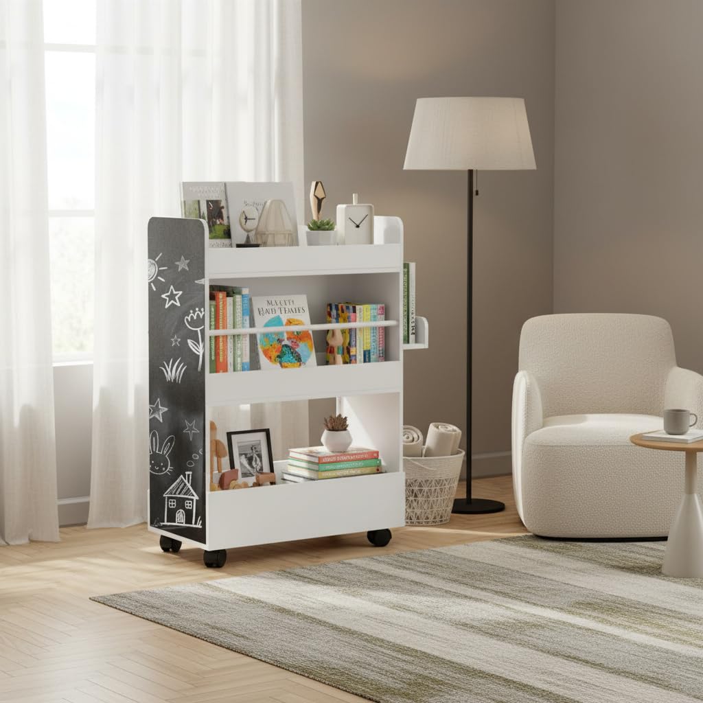 Portagiochi Bambini con libreria in legno 66.5L x 32.5P x 86.5A cm colore Bianco/Nero