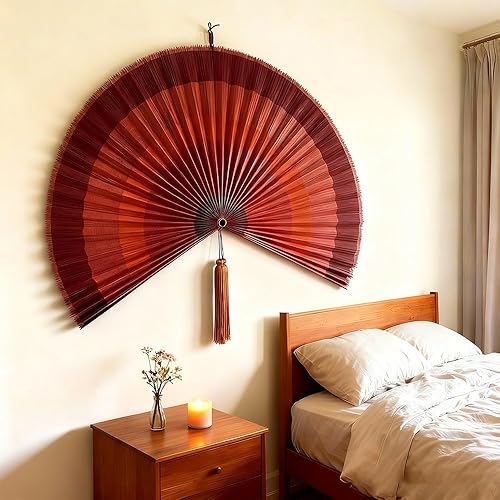 Miniatura 8 de ChumDecor Abanico de bambú para decoración de pared, decoración de abanicos de pared chinos japoneses, cabecero colgante bohemio, ventilador
