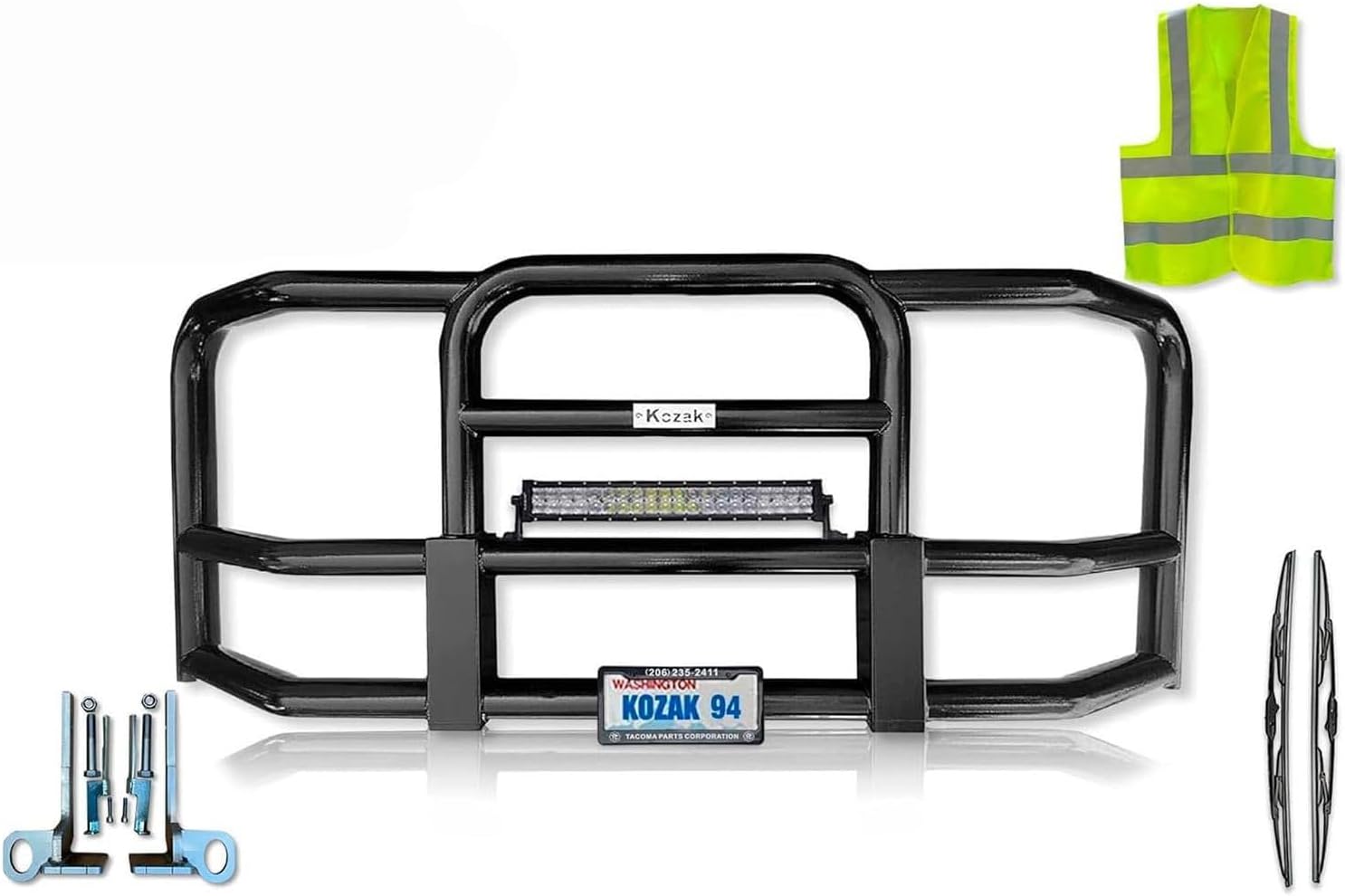 KOZAK Black Grille Deer Brush Guard with 22" LED Bar Compatible with Kenworth T680 2011-2020 Plus Mounting Brackets, License plate holder & frame, Logo, Windshield wipers and KOZAK Vest
