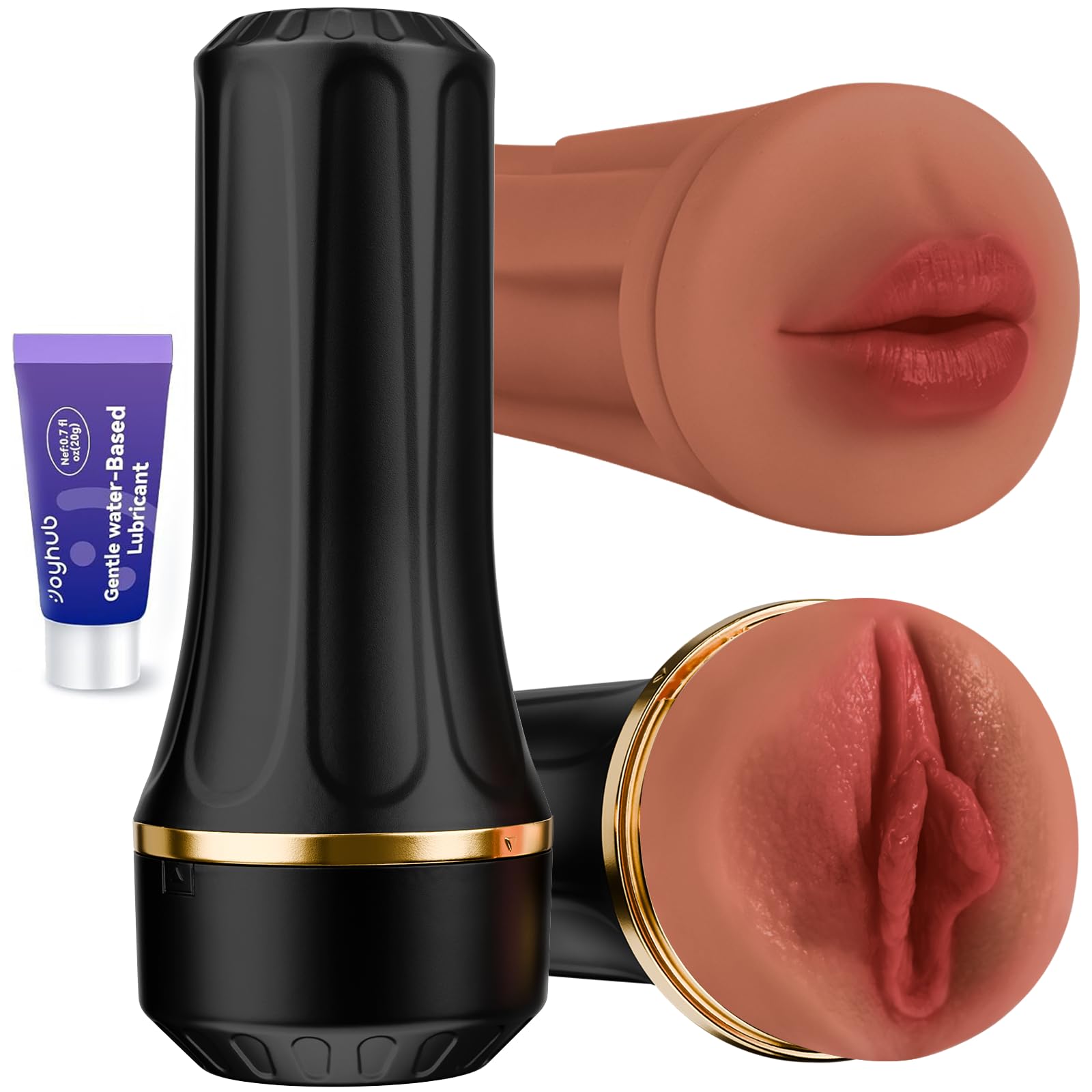 Sex Toys Male Masturbator with Dual Sleeves - 7.5in Pocket Pussy & Mouth Textured Soft TPE Channel Adult Blowjob Toys for Men, Adjustable Suction Male Manual Stroker, Easy-Clean & Discreet Brown & Black
