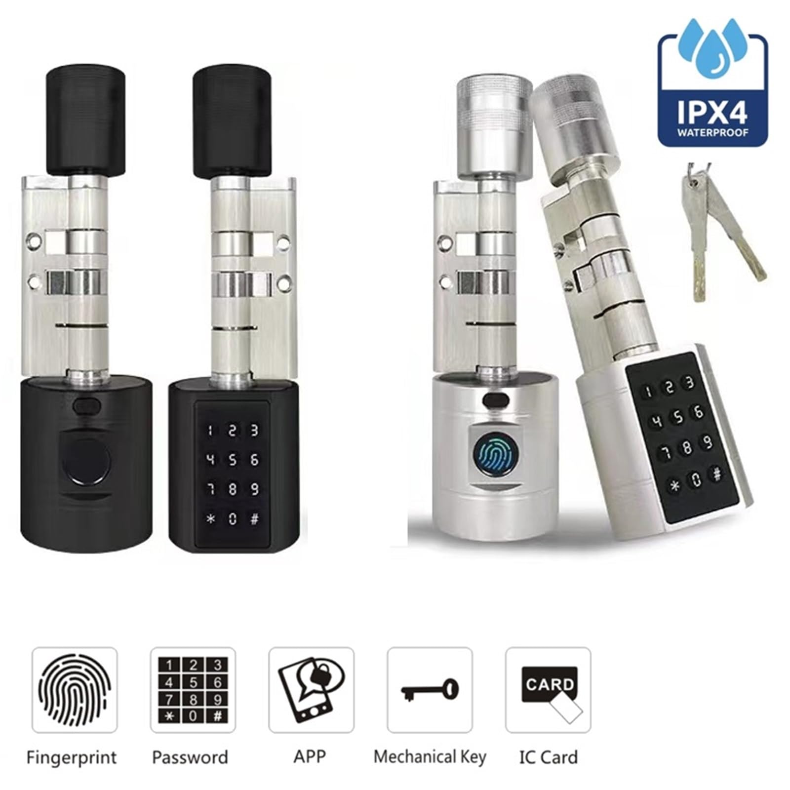 Cerradura Electronica, Cerradura de puerta inteligente electrónica con cilindro de huella dactilar, teclado Digital, código, tarjeta, Control remoto, ajustable, for casa y apartamento(Silver)