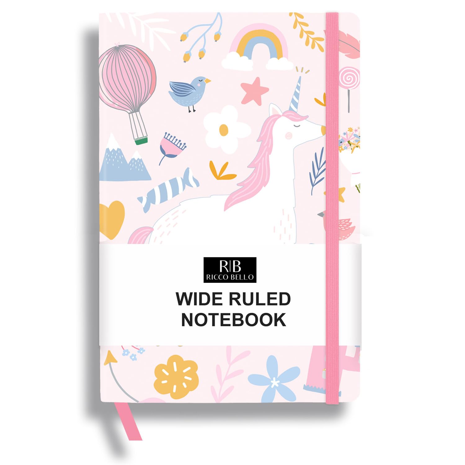 RICCO BELLO Wide Ruled Hardcover Diary Journal School Notebook for Kids, Tweens - Bookmark, Band Closure, Storage Pocket, 5.7 x 8.4 Inches, 192 Pages,