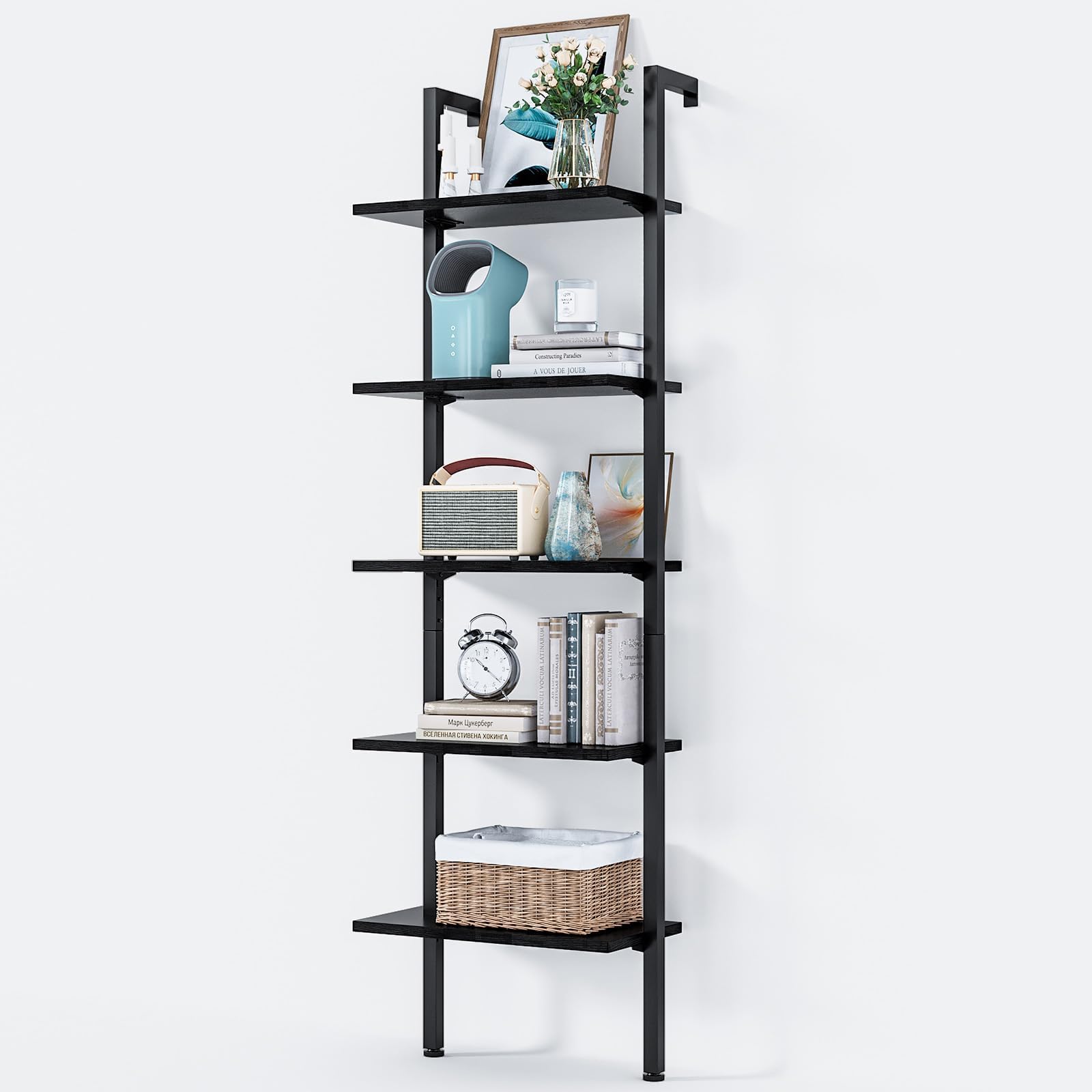ODK 5-Tier Ladder Shelf, Book Shelf with Metal Frame, Bookcase for Living Room, Home Office, Kitchen & Bedroom, Space Saving Freestanding Organizer Rack, Black (10" D x 24" W x 74" H)