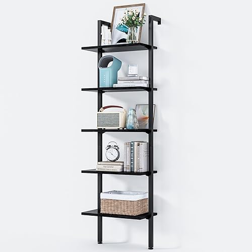 ODK 5-Tier Ladder Shelf, Book Shelf with Metal Frame, Bookcase for Living Room, Home Office, Kitchen & Bedroom, Space Saving Freestanding Organizer Rack, Black (10" D x 24" W x 74" H)