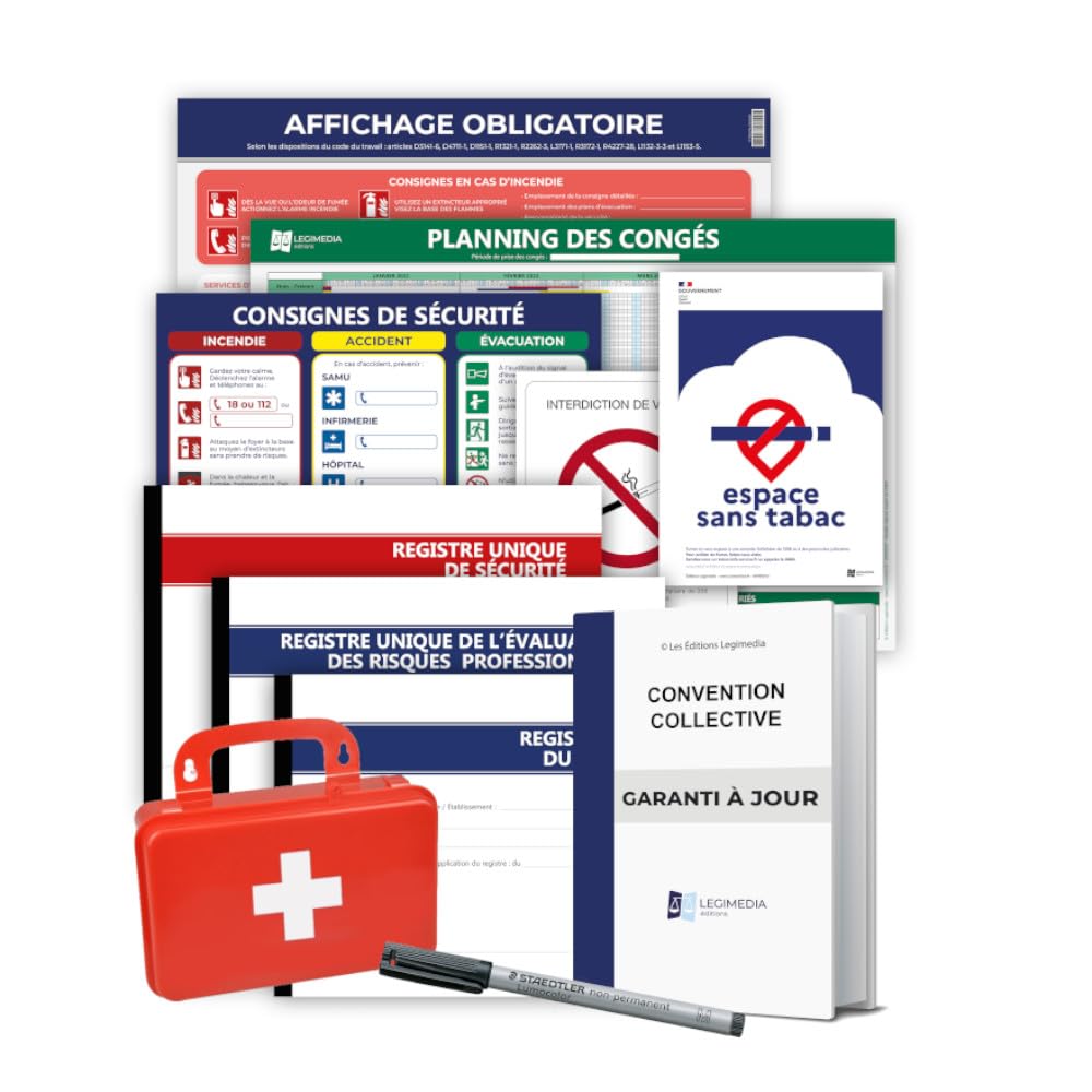 Pack Conformité Intégrale Entreprise : Automobile - Convention Collective - 5 Affichages obligatoires - 3 Registres - Trousse de secours - Stylo-feutre effaçable offert - LEGIMEDIA ÉDITIONS