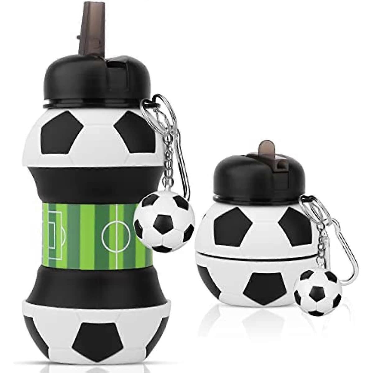 JOYHAPPST FootballDinosaur Keyring 550ml Collapsible Childrens Water Bottles with Spout for School BPA-free Leakproof Silicone Drinks Bottle for Girls Boys