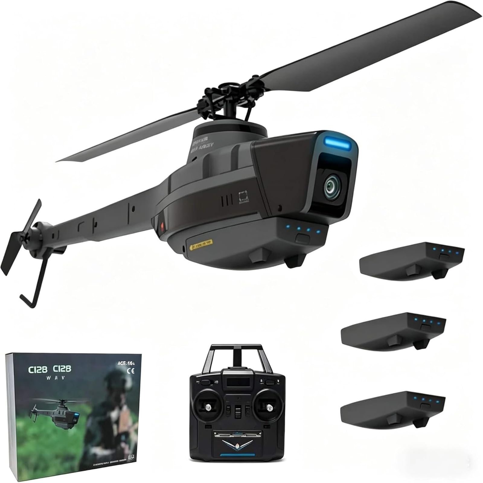 Generico Elicottero RC C128 con Telecamera 1080P | Drone Telecomandato 4CH Ricognizione Aeromobile Militare Elicottero Modello, Decollo con un Tasto - RTF
