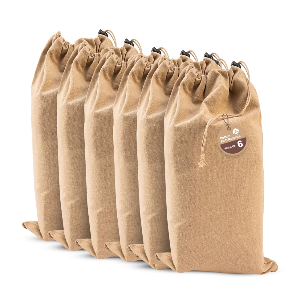 LFH Cotton Rich Shoe Storage Bags with Drawstring, Dustproof Breathable Reusable Organizer, Perfect For Travel, Dorm, Hotel, College, Gym, Easy to Carry, Machine Washable 8"x17" (Pack of 6) - Beige