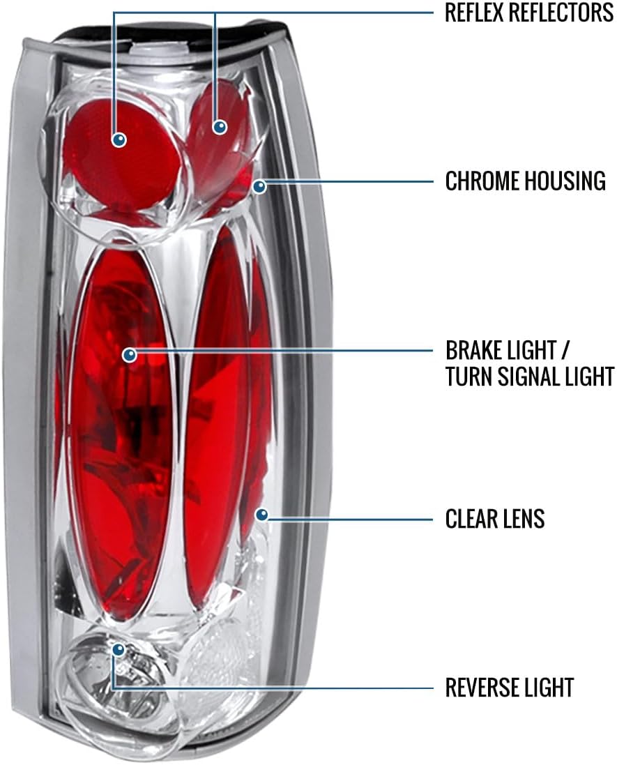 Ronnin - Fits 1988-2000 Chevy GMC C/K C10 Silverado Sierra Suburban Yukon Blazer Tahoe Caddy Escalade Tail Lights Replacement Assembly Pair | Chrome