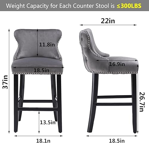 Miniatura 9 de mikibama Juego de 2 taburetes de bar tapizados con botones y patas de madera maciza con patas de madera maciza, taburetes acolchados para isla de