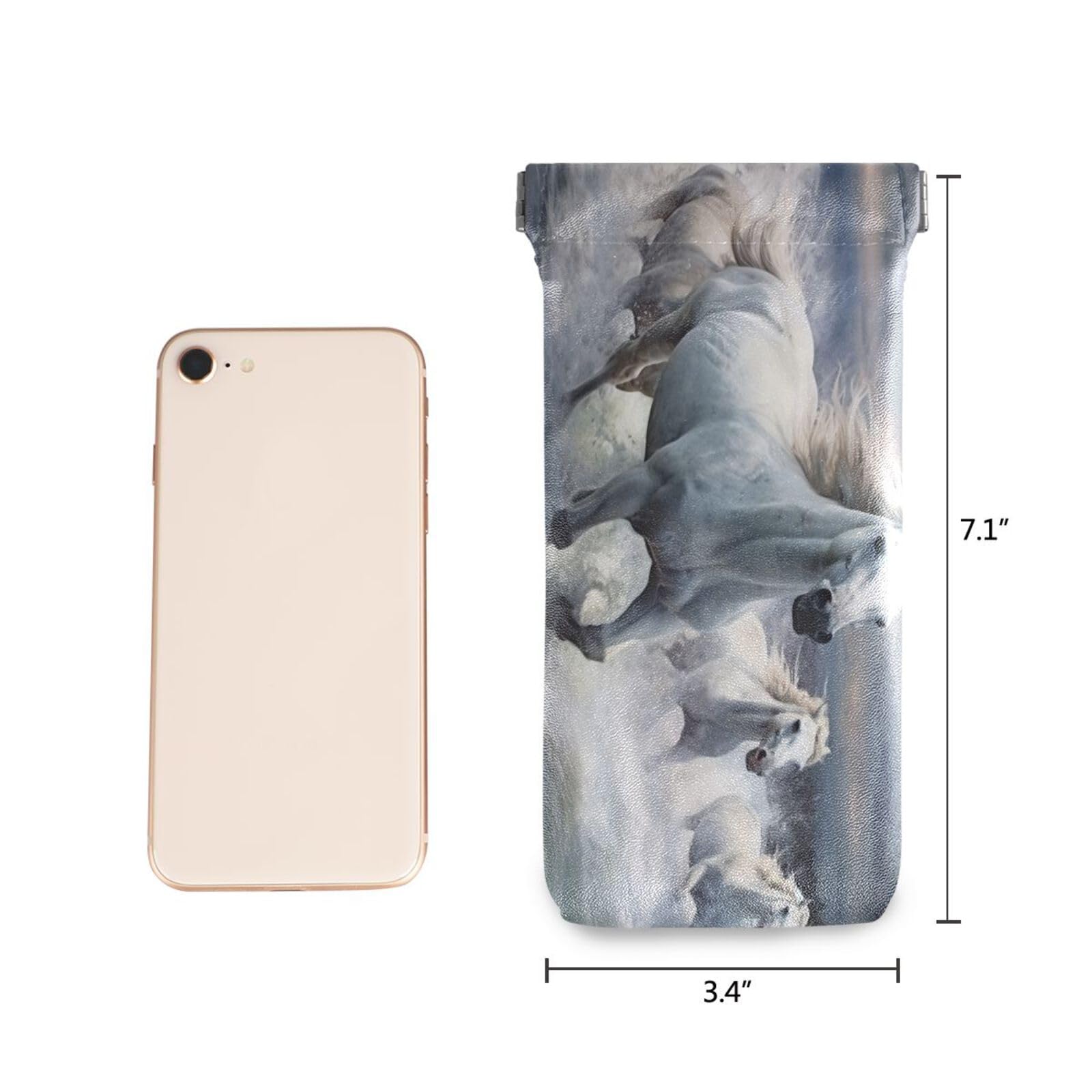 FLildon Running White Horses Eyeglasses Pouch Squeeze Top Sunglasses Case Soft PU Leather Eyeglass Bag for Men Women