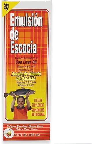 Miniatura 2 de Emulsión de Escocia. Suplemento dietético de aceite de hígado de bacalao. Rico en vitaminas A, D, E y B1. Sabor a fresa y plátano. 6.5 onzas