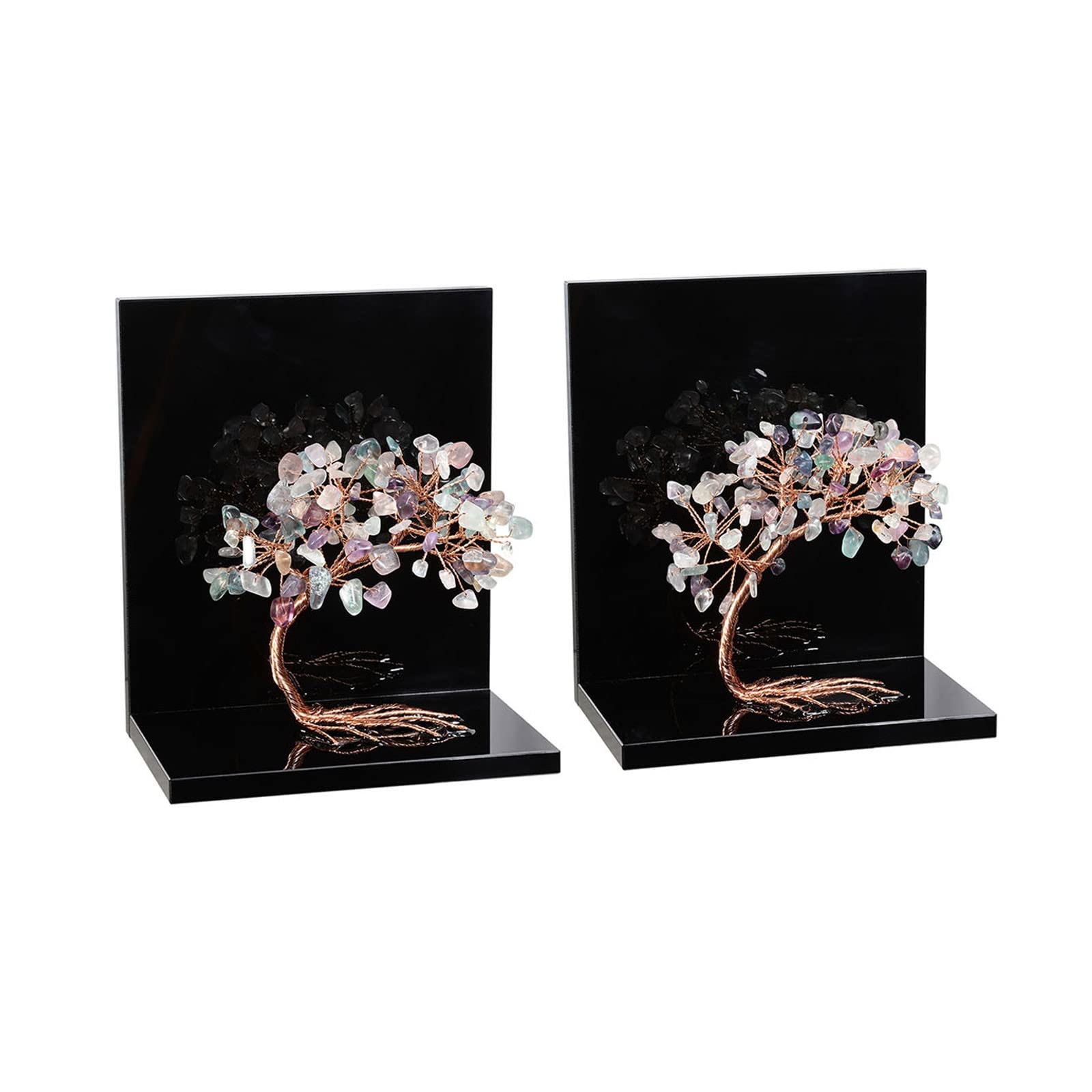 SUNYIK 2PCS Acrylic Fluorite Money Tree Bookend for Shelves Handmade Tree of Life Book Shelf Decorative Book Ends for Heavy Books Office Home