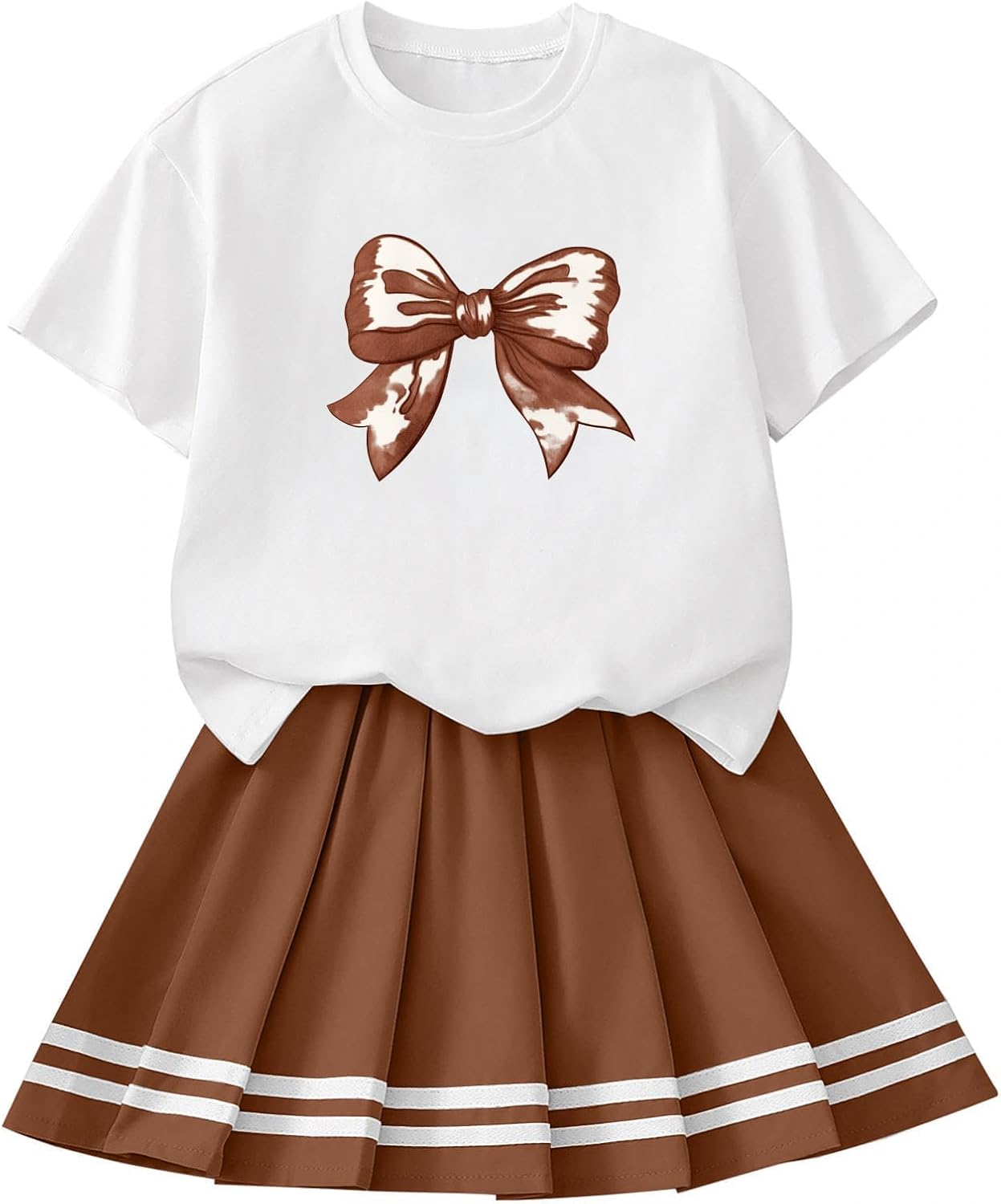 Girls 2 Piece Summer Outfits Cute Graphic Short Sleeve Tops and Pleated Skirt Set