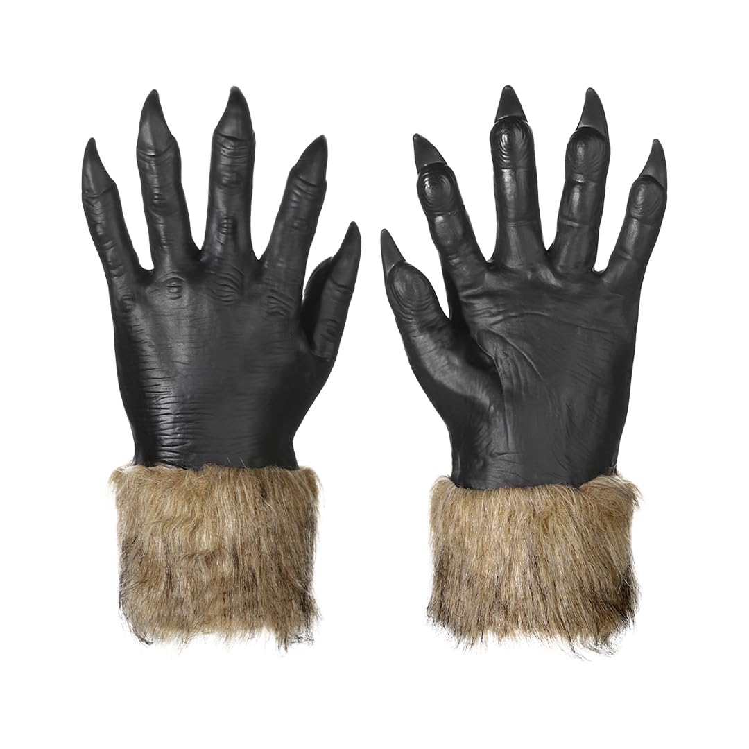 XINCHIA Halloween Werewolf Gloves Animal Furry Claw Paw Hairy Hands Wolf Bear Paw Gloves Creepy Fancy Dress Party Elbow Mittens with Long Nails Scary Halloween Cosplay Party Costume Dress Up Props