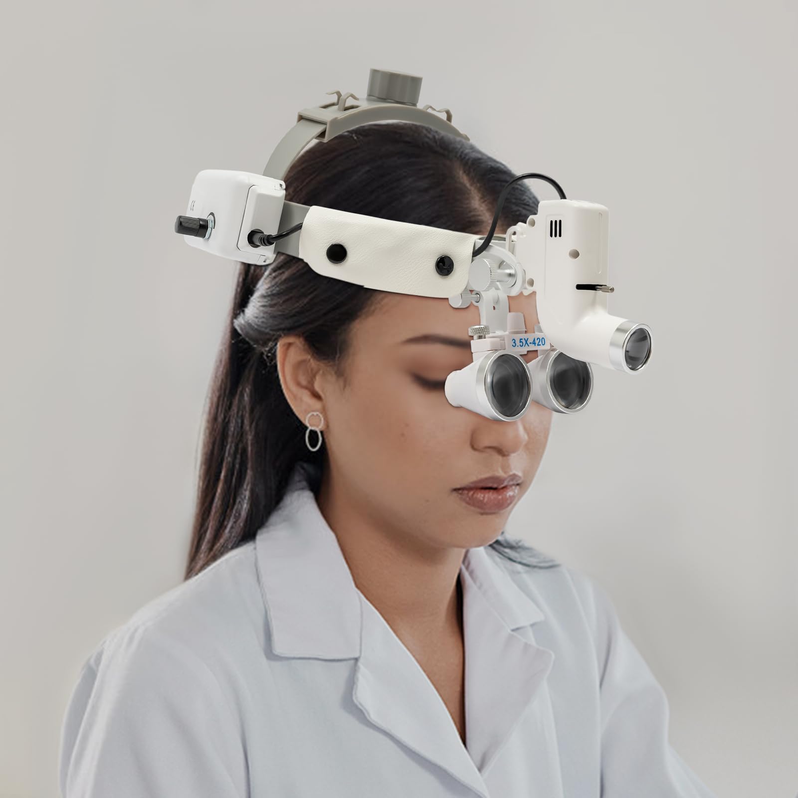 Lente d'ingrandimento medica binoculare, ingrandimento 3,5x, 65000 lux, LED, dimmerabile, bianco, ABS e vetro, per odontoiatria e chirurgia