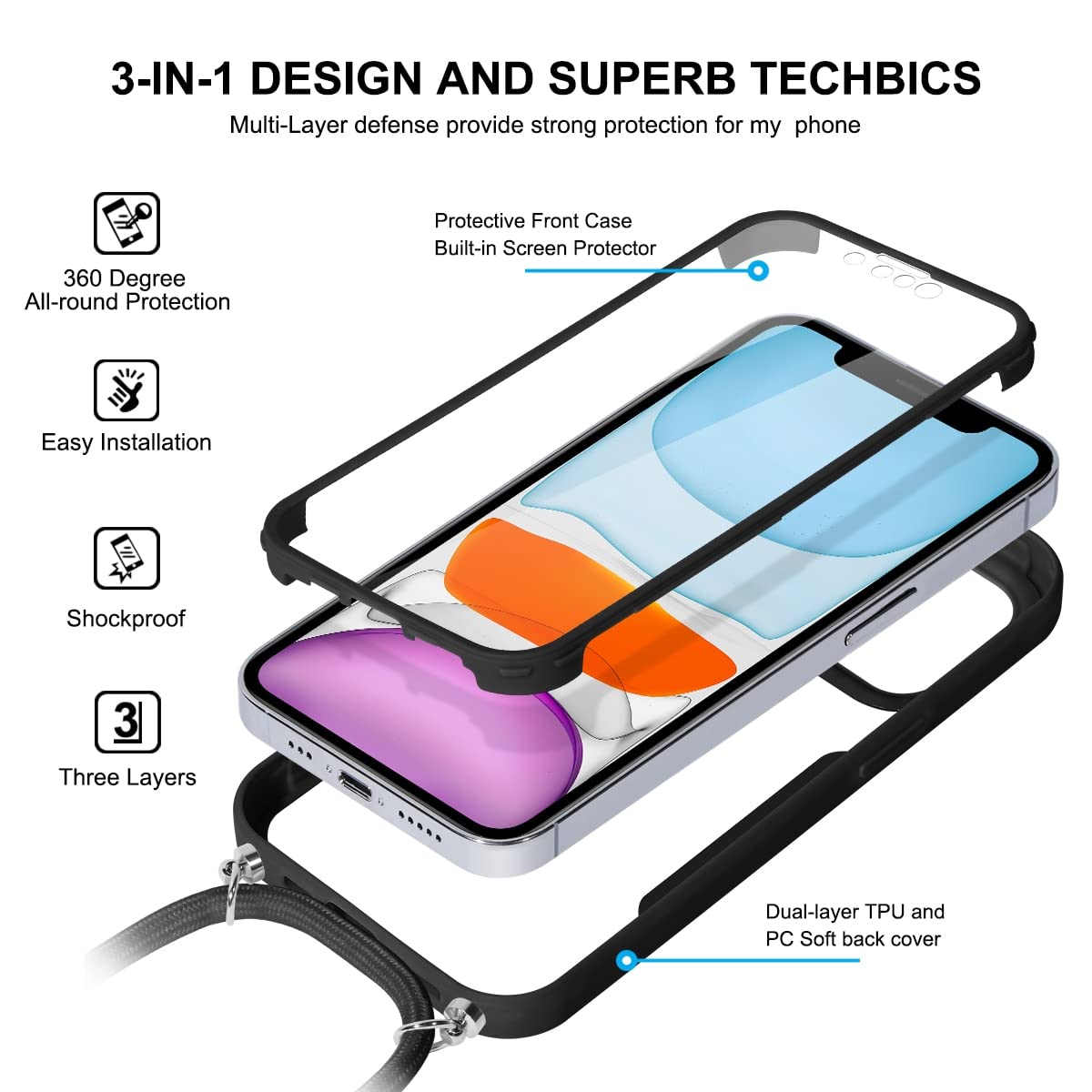 Yoedge Custodia con Cordino per OPPO A53 2020/A32/A53s 4G Cover 6,5, 360 Gradi Full Body Cover con Collana Ultra Sottile TPU Silicone Antiurto e Trasparente PC Bumper Protettiva Custodia, Margherita