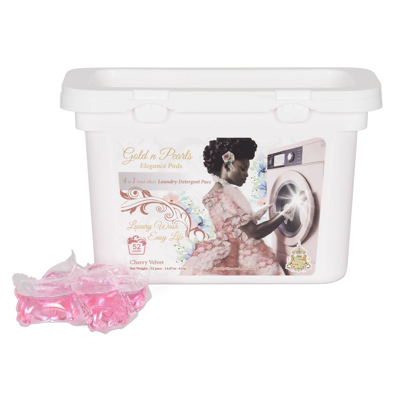 Gold n Pearls 4-in-1 Laundry Pods, Cherry Velvet Scent - Stain Remover, Fabric Softener, Deep Clean Performance & Long-Lasting Freshness, 52 Count