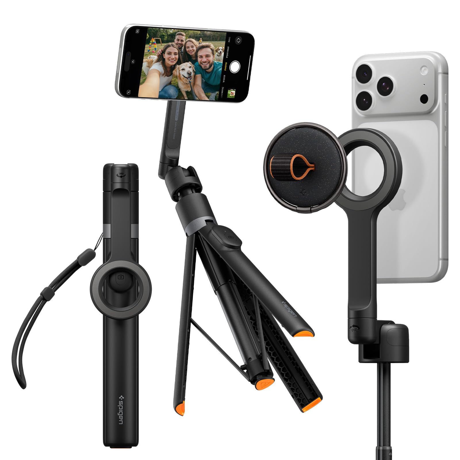 Spigen S582W Selfie Stick Treppiede MagSafe, Bastone Selfie con Telecomando Bluetooth, Estensibile 166,5 cm, Testa 360°, Supporto Magnetico, Anello Universale - Nero