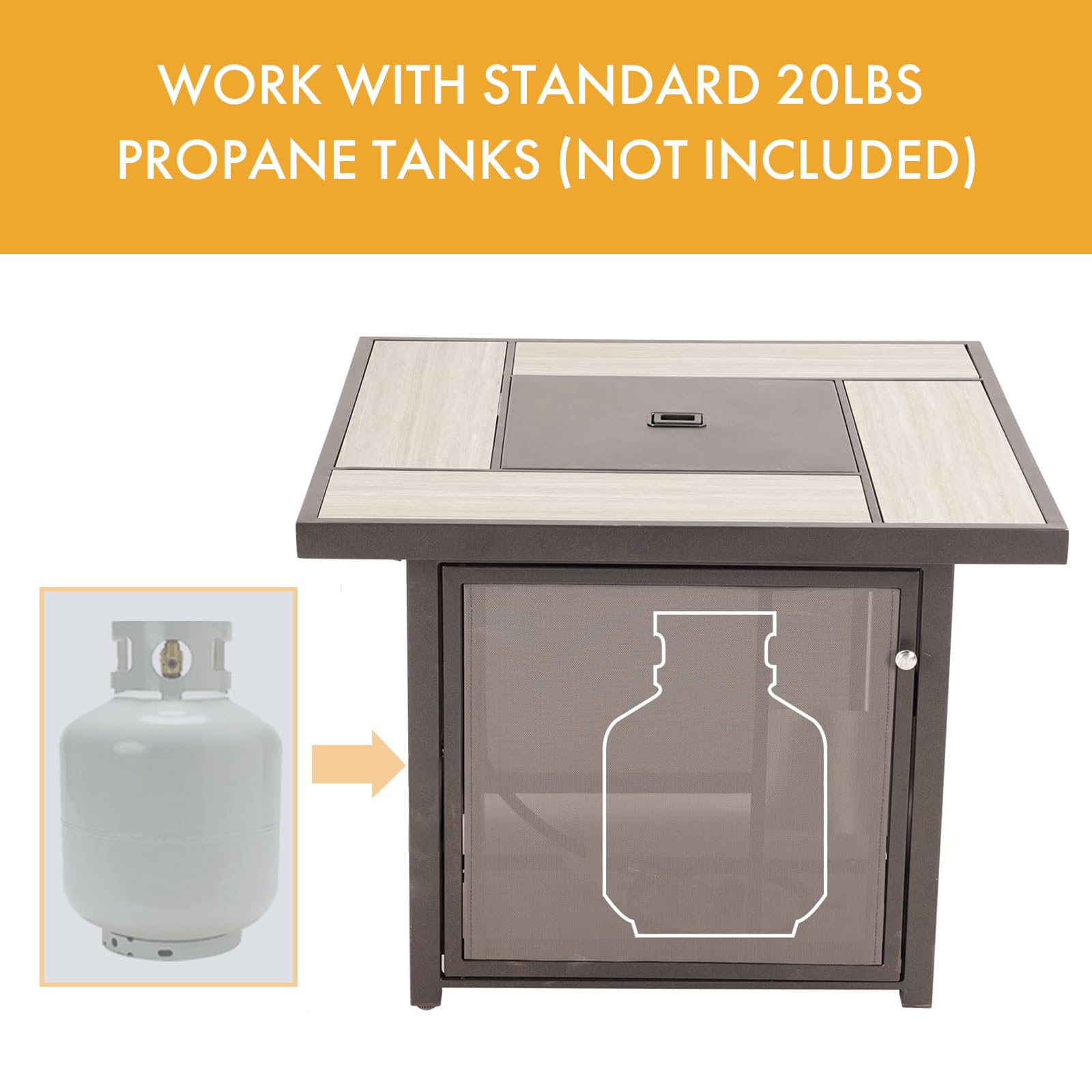 Mesa cuadrada para fogata de propano, 32 pulgadas, para exteriores, 50,000 BTU con mesa de azulejos de cerámica, tapa extraíble, rocas de lava para patio exterior, jardín, terraza, patio 6
