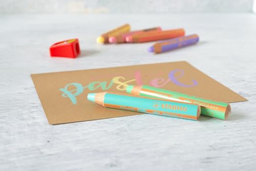 STABILO - Buntstift, Wasserfarbe & Wachsmalkreide - woody 3 in 1-6er Pack mit Spitzer - Pastellfarben