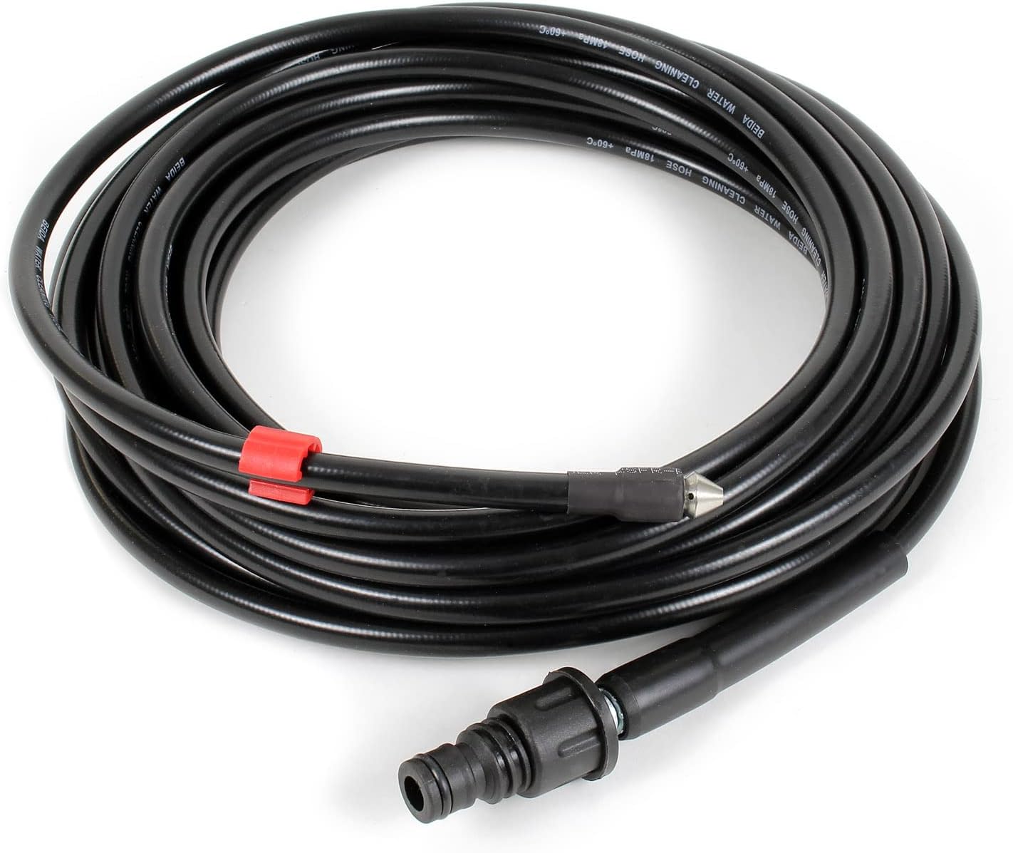 Coiled drain cleaning hose with one adapter attached