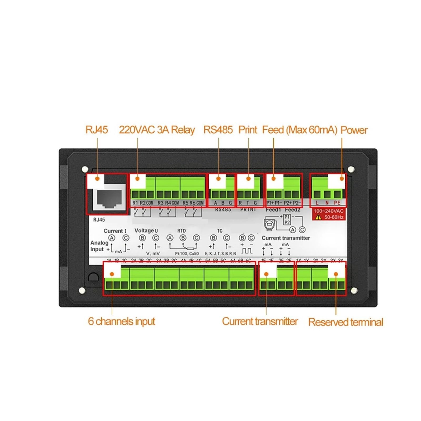 Druckdatenlogger 6 Kanäle, Datenrekorder USB Modbus Gerät Strom Spannung PT100 4-20mA(2 Channels (220VAC))
