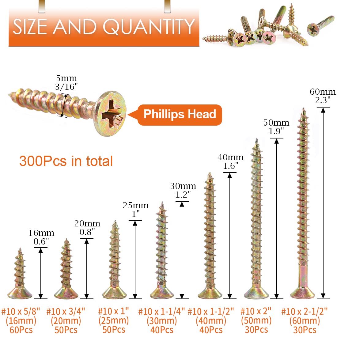 Rustark 300Pcs 7 Sizes #10 5/8'' to 2-1/2'' Zinc Plated Wood Screws Phillips Flat Head Chipboard Screws Assortment Kit for Drywall Sheetrock Woodwork - Image 2