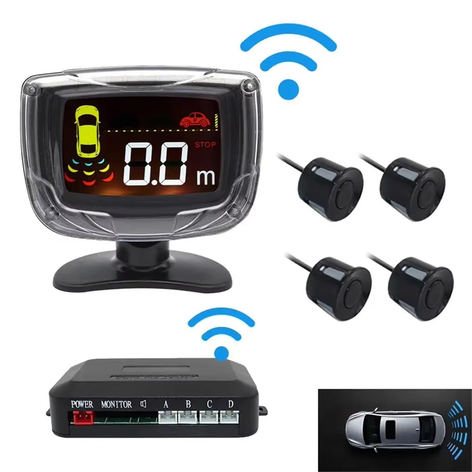 Aparcamiento asistido Sensor Aparcamiento Inalámbrico Con Pantalla LCD 4 Sensores Radar Alarma Zumbador 65 DB Sistemas Detección Marcha Atrás Y Monitor Parktronic(Gray)