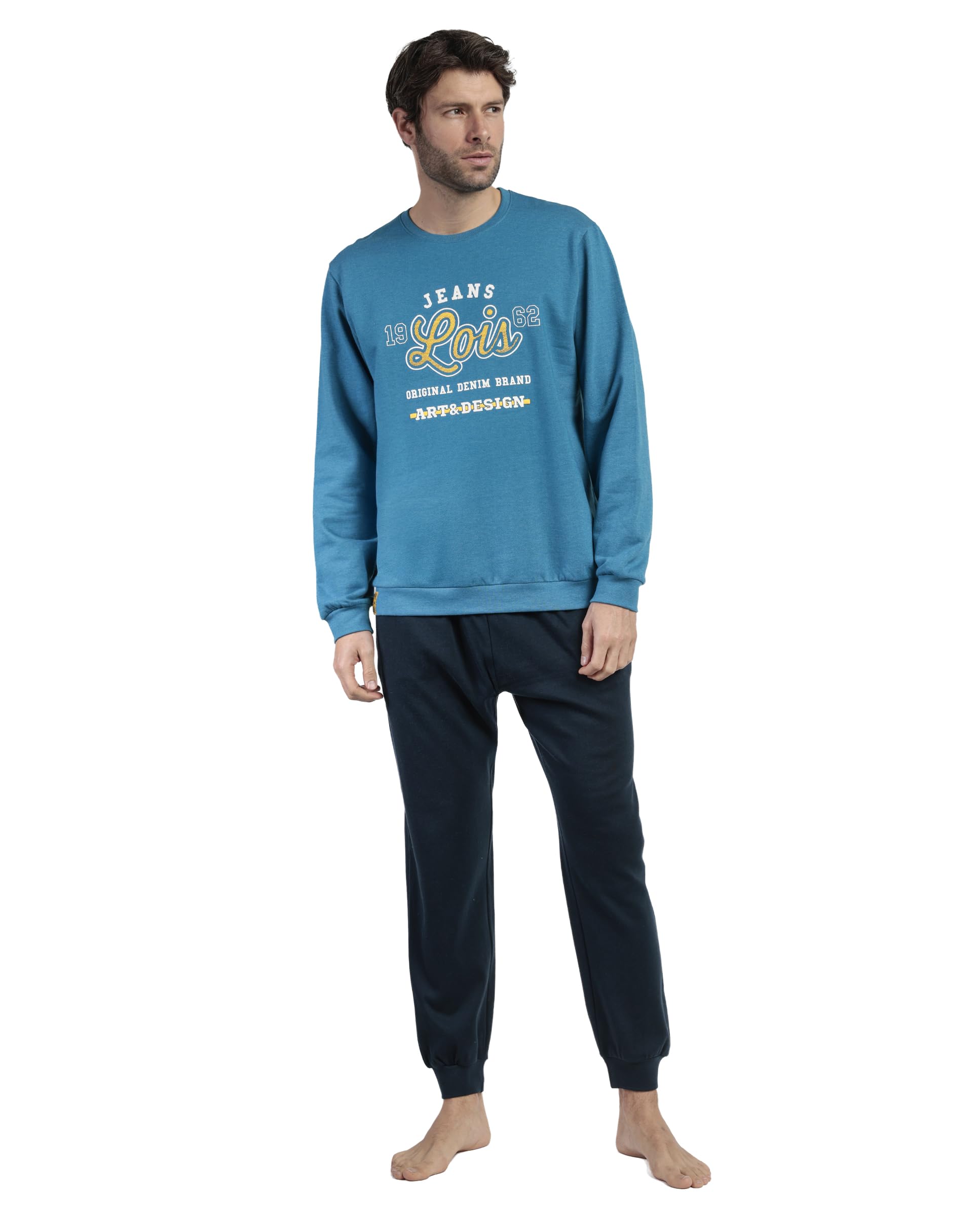 Lois Pijama Hombre Invierno 60% algodón, 40% poliéster, 100% algodón – Pijama de Hombre Camiseta de Manga Larga Neppy, pantalón Largo Cintura Ajustable, con puños y Bolsillos, Color Azul, Talla XXL