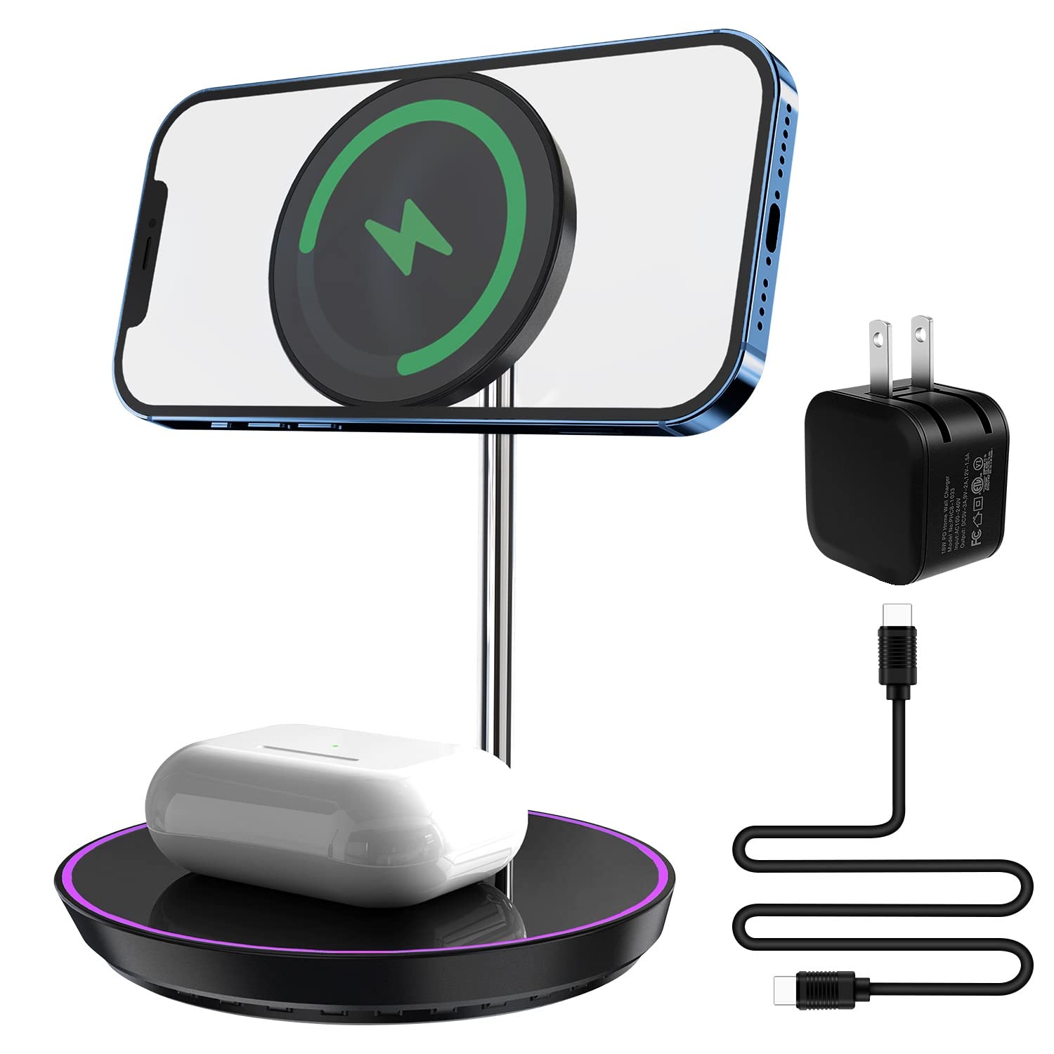 MOONORN Wireless Charging Stand, 2 in 1 Magnetic Wireless Charging Stand with Type-C Cable & AC Adapter, Magnetic Part Compatible for iPhone 12 and Above, Support Wireless Charging Equipment, Black