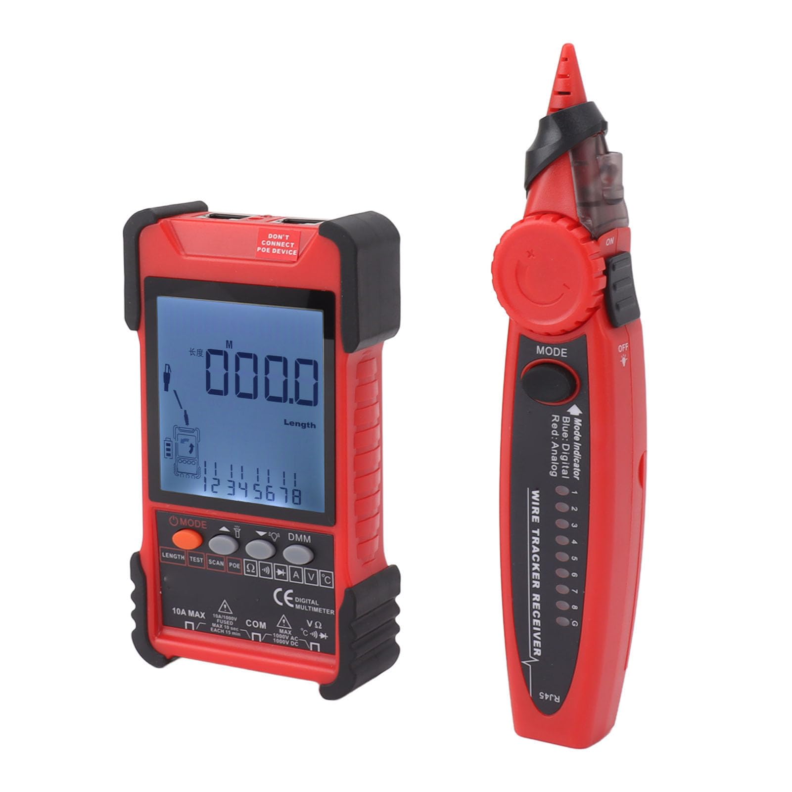 Netzwerkkabeltester, Digitalmultimeter, LCD-Bildschirm, Multifunktions-Tracker-Kit für Ethernet-LAN-Kabeltests, 600 M Kabellängenmessung für Elektriker (Rot)
